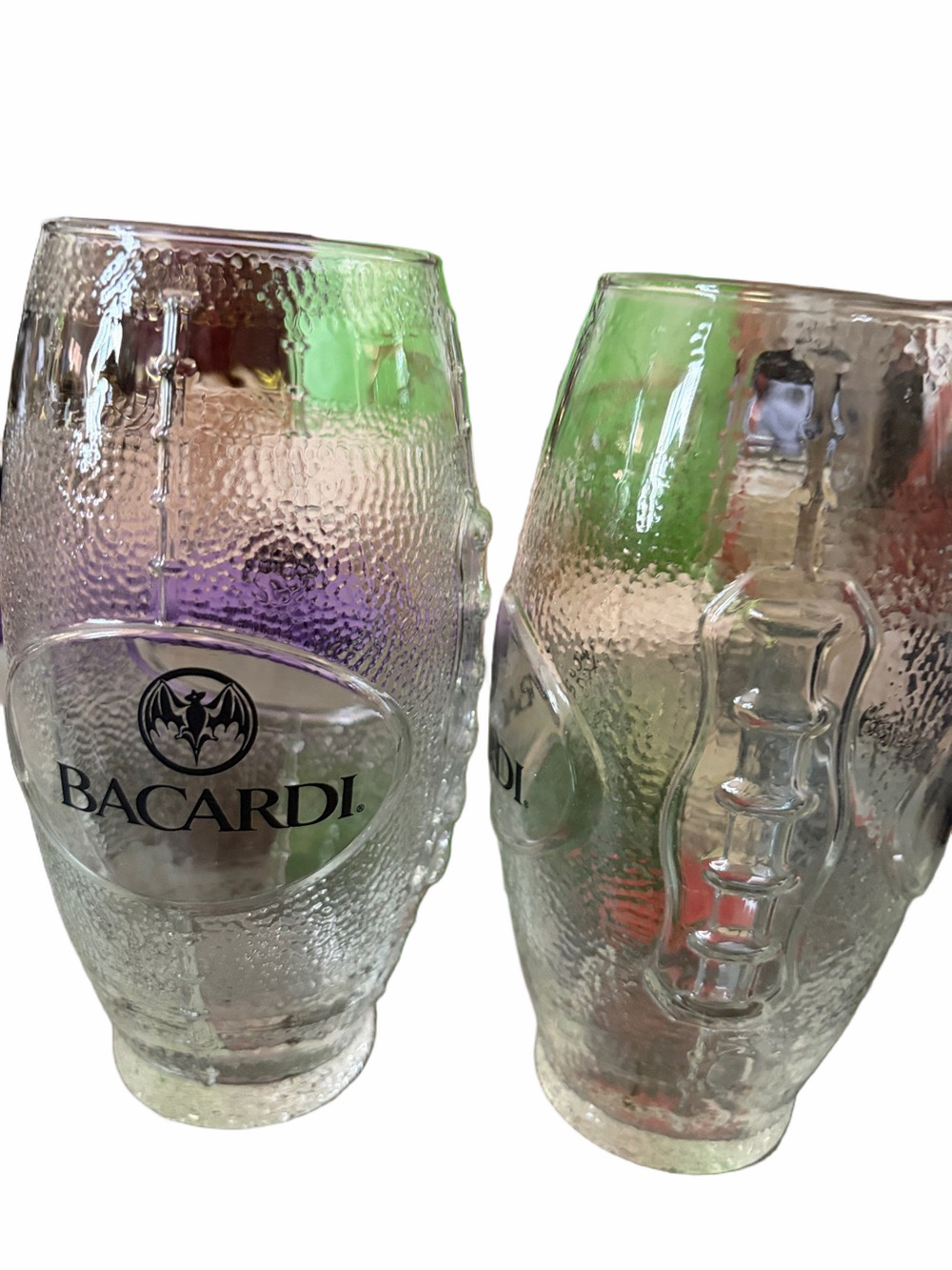 Bacardi Rum Vint. Bat logo Football shaped 23 oz beer/ soda glass set collector.
